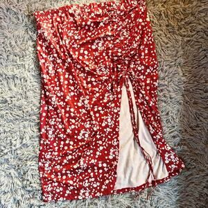Red White Floral Witchy Bohemian Hippie Laggenlook Midi Scrunch High Slit Skirt‎